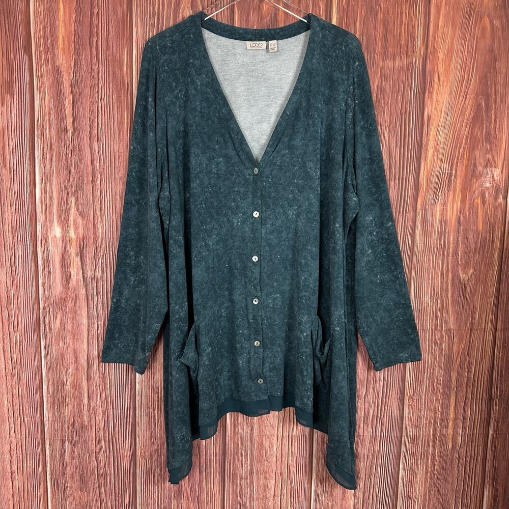 LOGO Lori‎ Goldstein Womens Button Front Knit Cardigan Blue Jersey Knit Size 3X